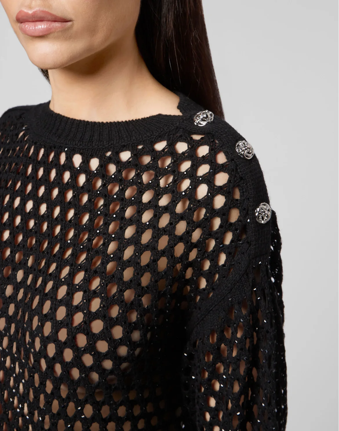 Cashmere 5 Pullover Round Neck LS Fishnet Crystal, цвет: Черный