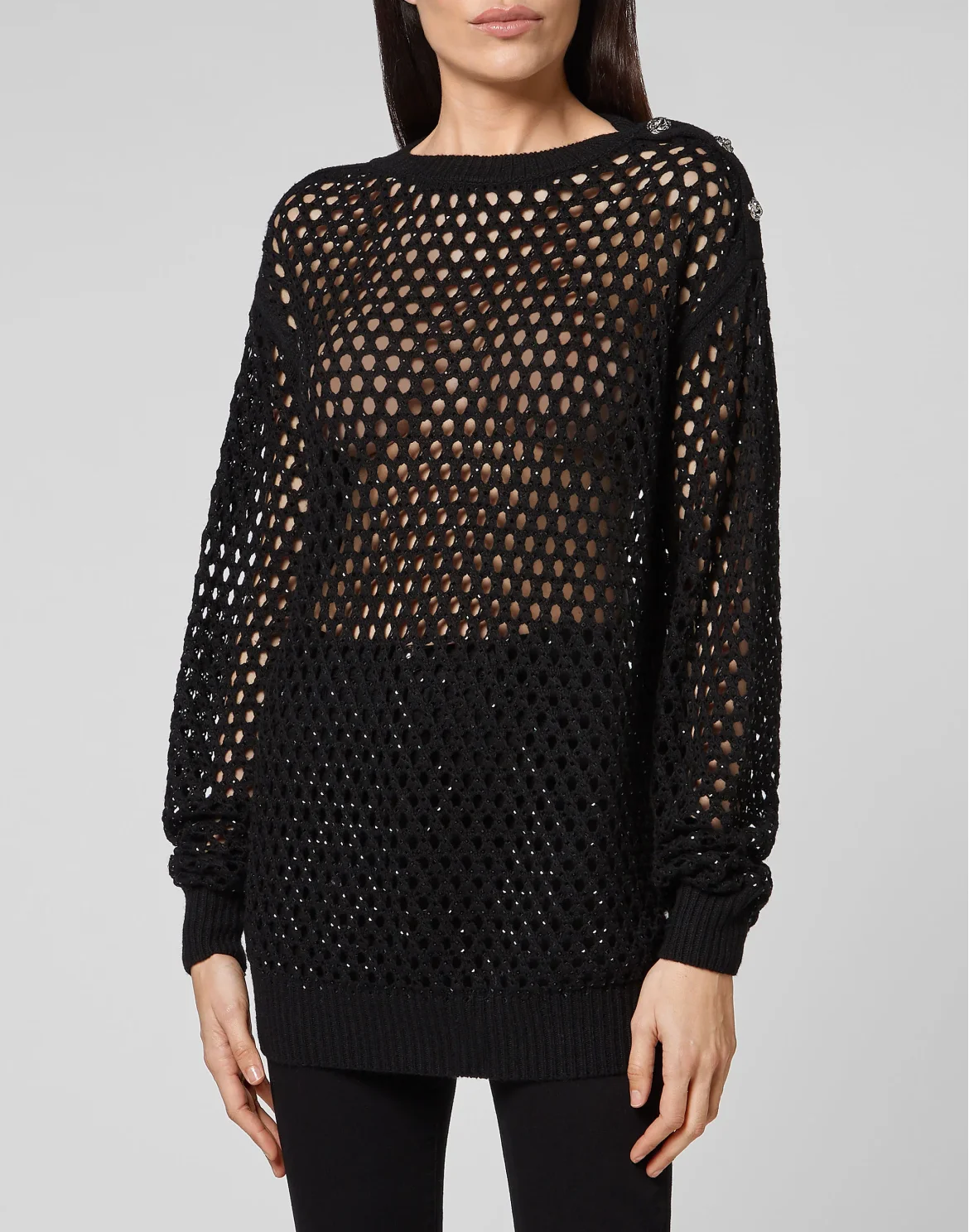 Cashmere 5 Pullover Round Neck LS Fishnet Crystal, цвет: Черный