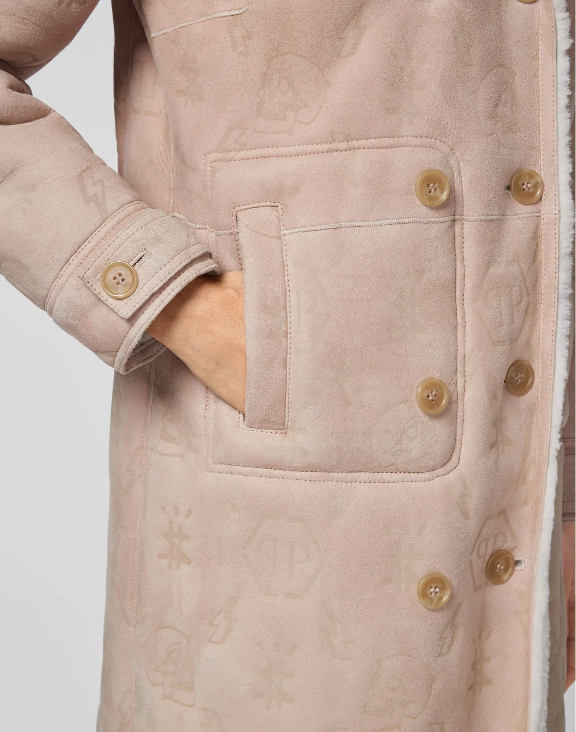 Shearling Leather Long Coat Monogram, цвет: Бежевый