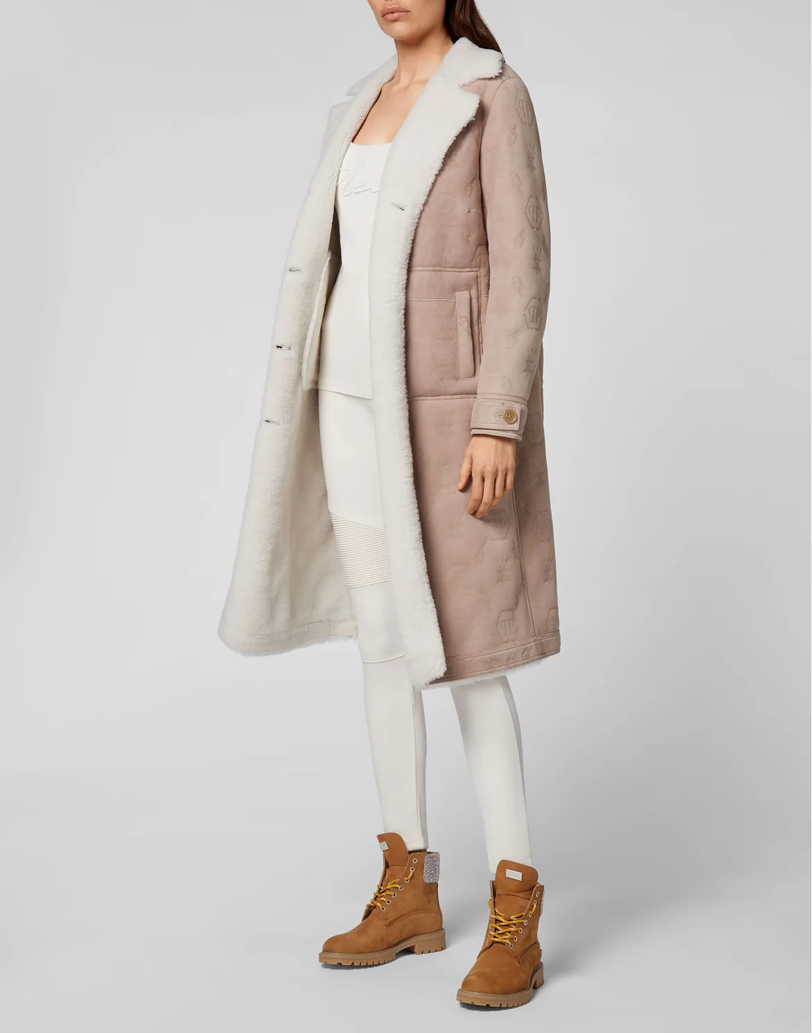 Shearling Leather Long Coat Monogram, цвет: Бежевый