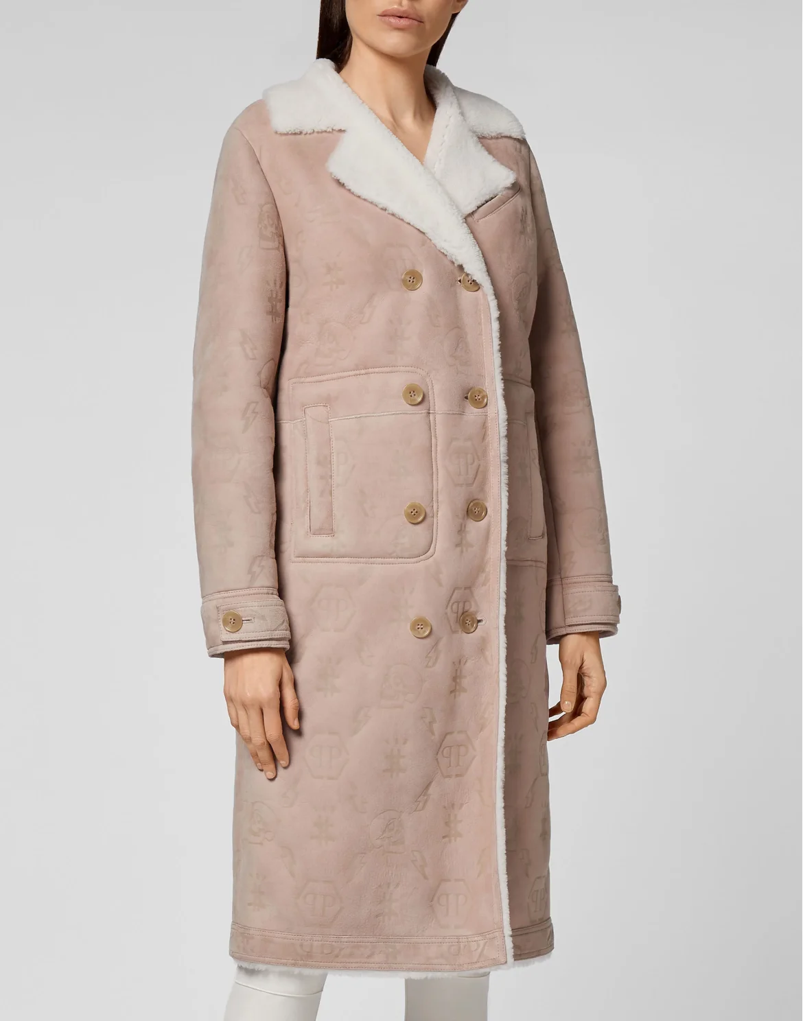 Shearling Leather Long Coat Monogram, цвет: Бежевый
