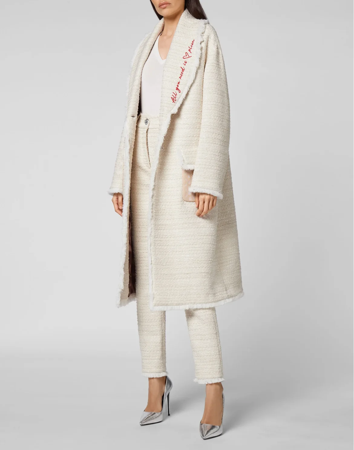 Bouclé Coat Long Embroidery, цвет: Бежевый