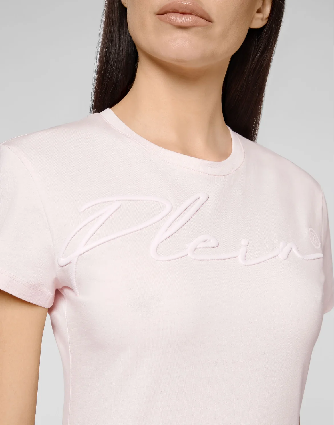 Satin T-shirt Round Neck SS Embroidery Signature, цвет: Розовый