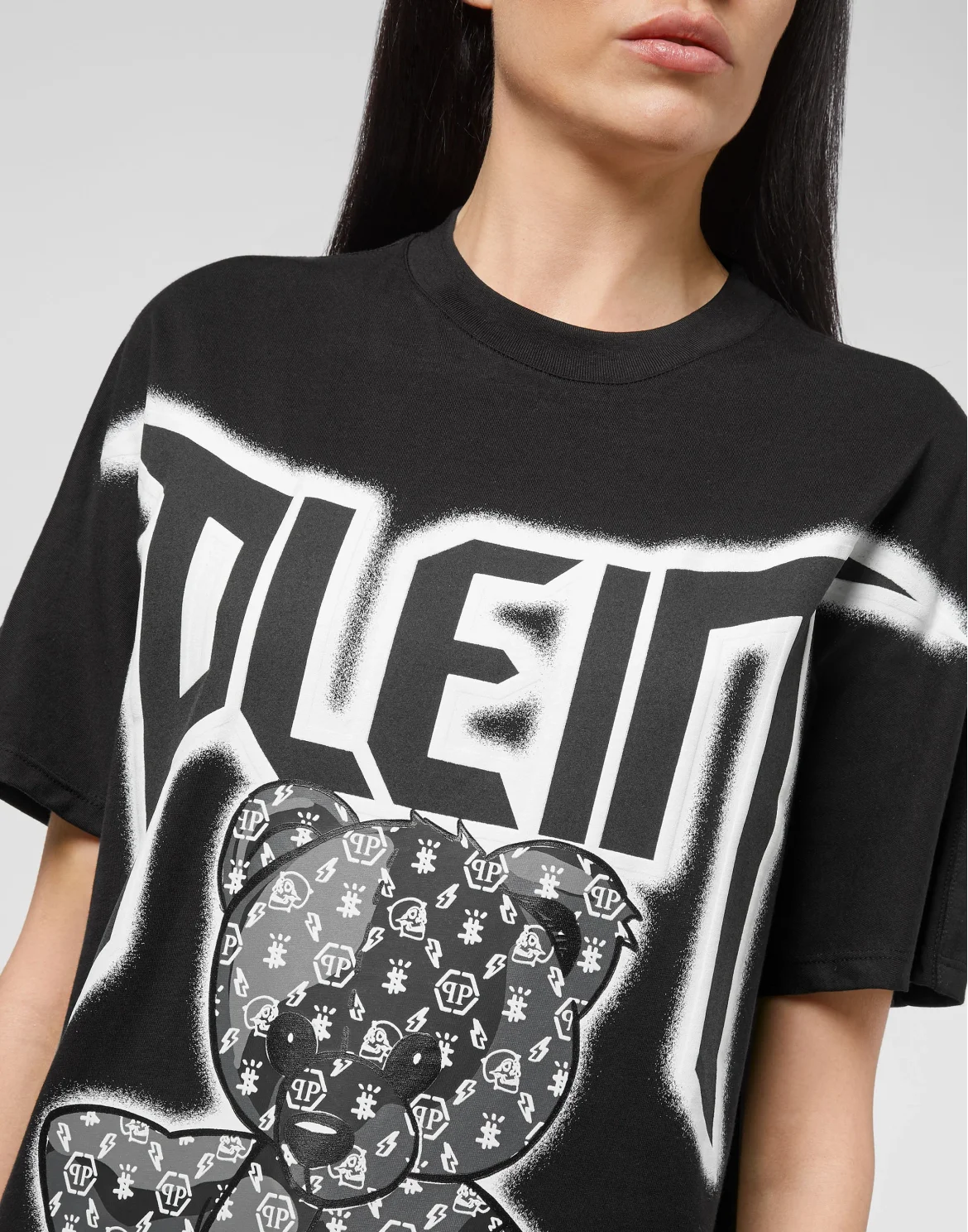 T-shirt Round Neck SS Spray Effect Print Teddy Bear, цвет: Черный
