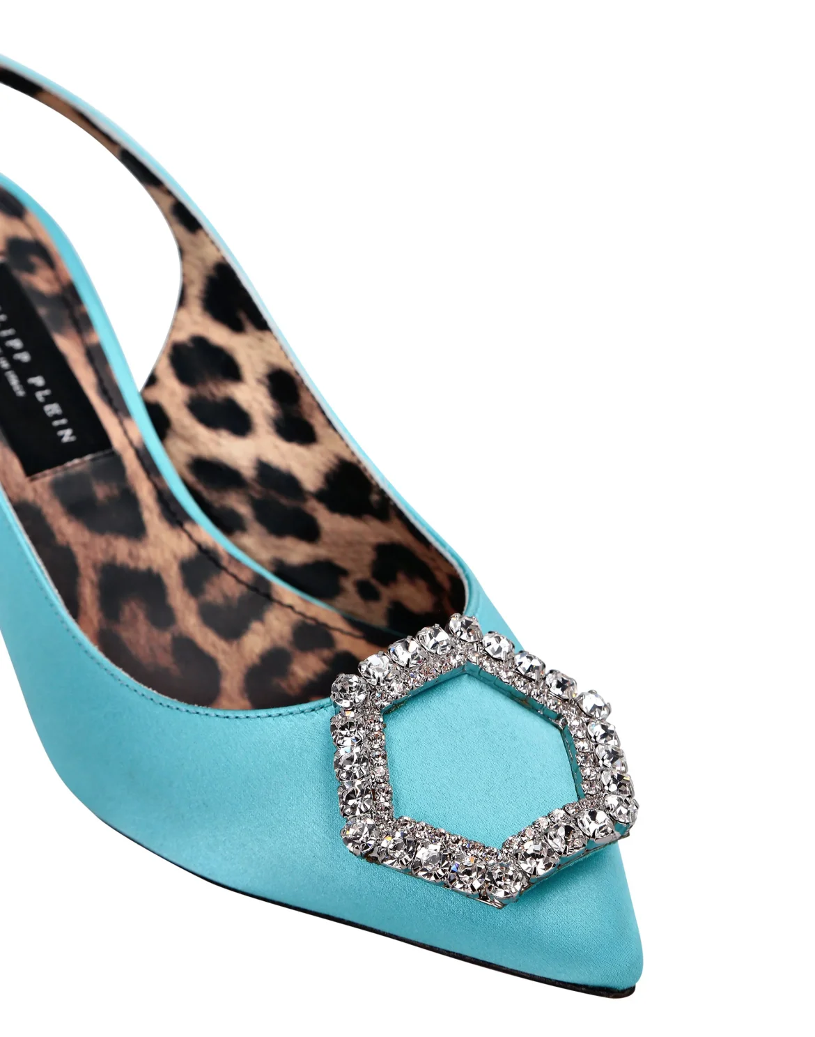 Satin Decollete Slingback Low Heels Crystal Hexagon, цвет: Бирюзовый