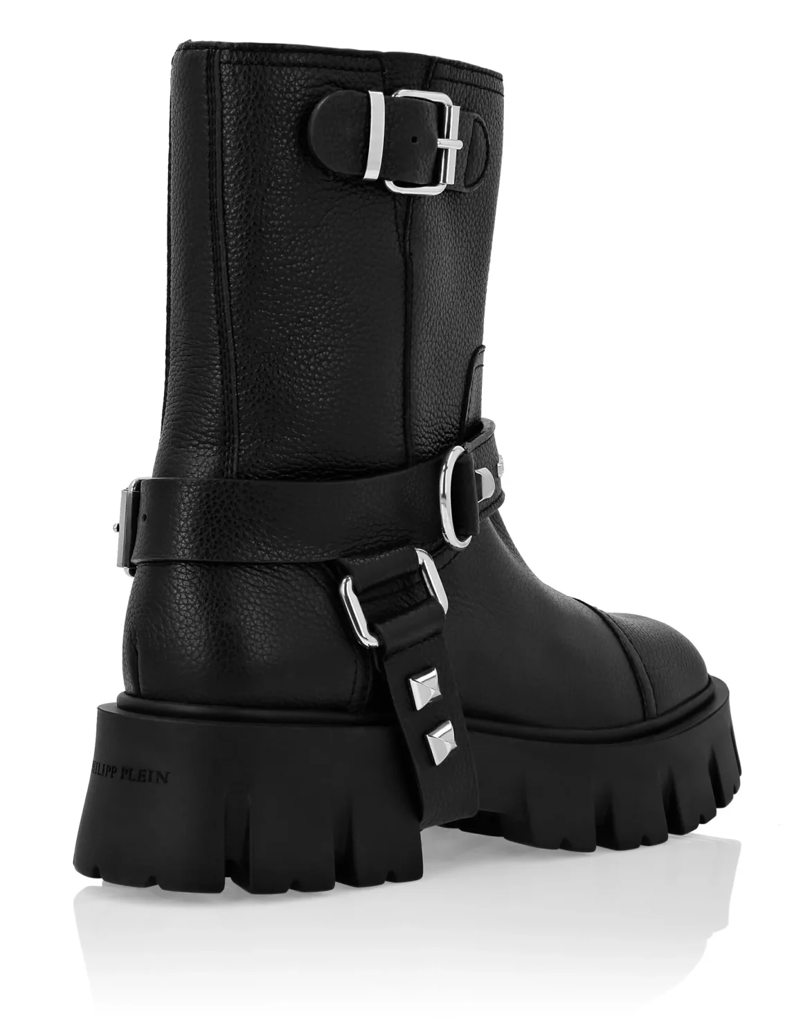 Leather Biker Boots Mid Flat Iconic Plein, цвет: Черный