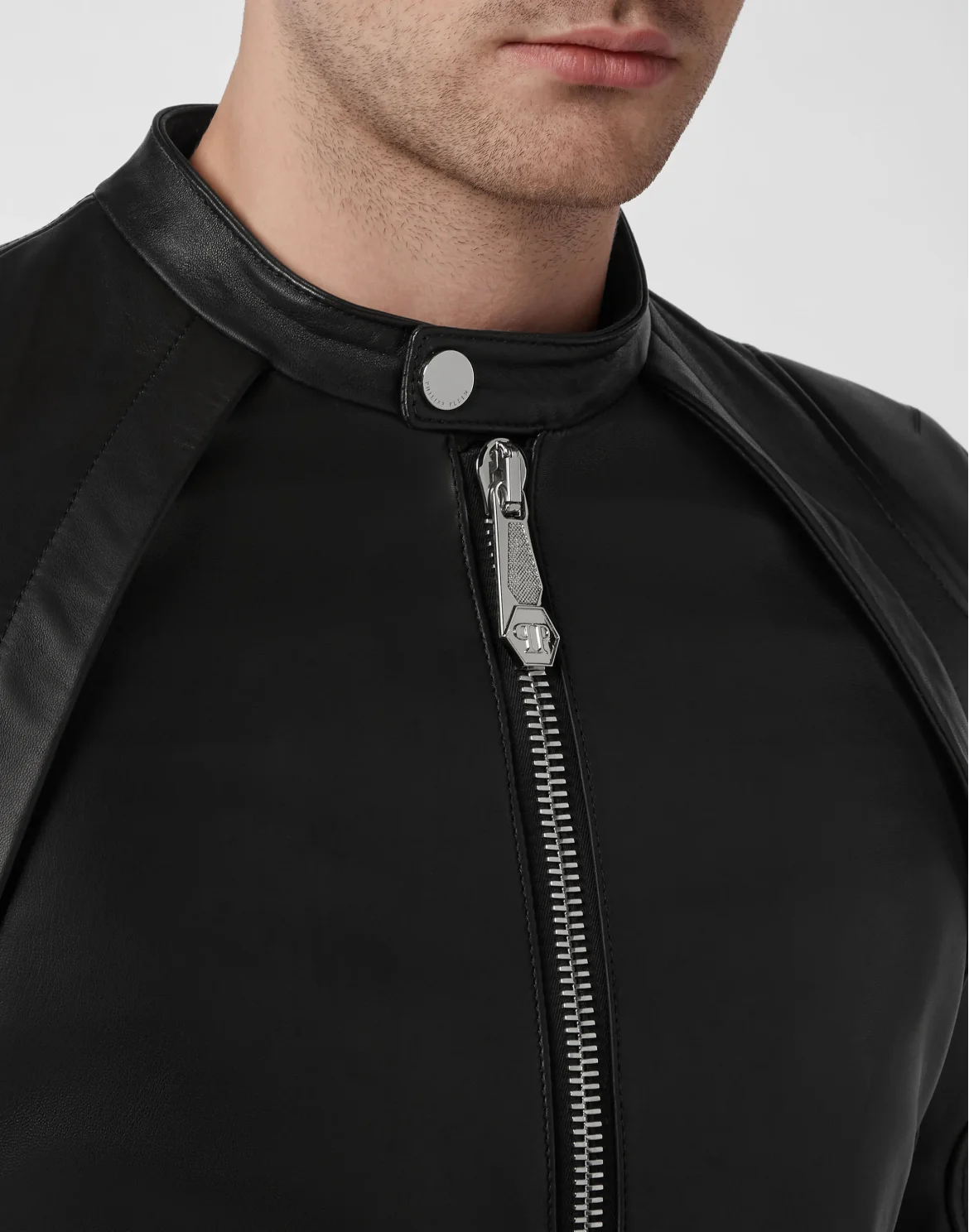 Slim Fit Leather Jacket, цвет: Черный