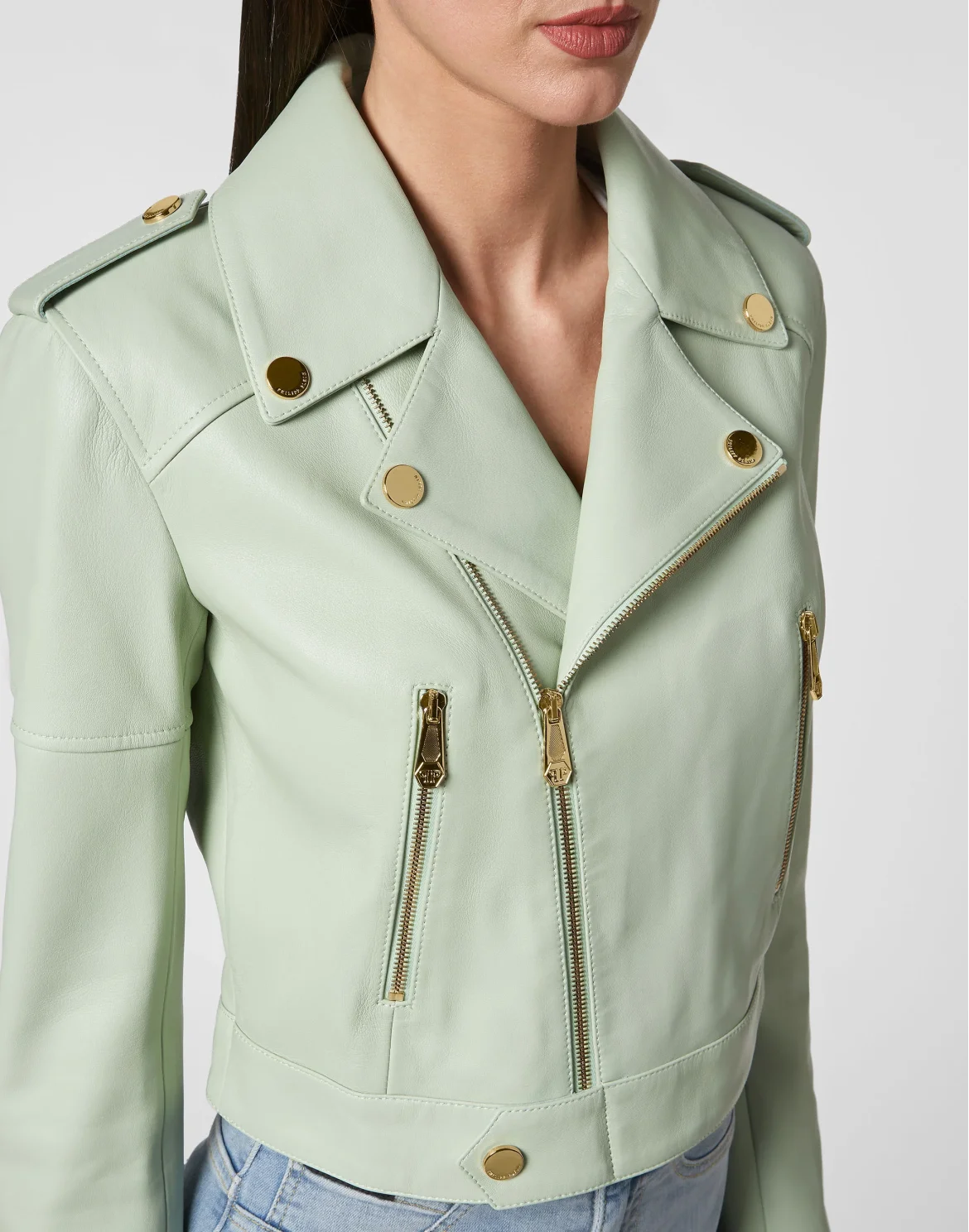 Crop Leather Biker Jacket, цвет: Зеленый