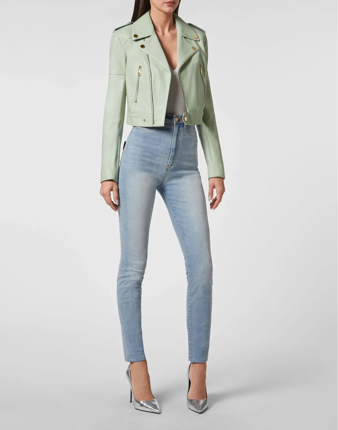 Crop Leather Biker Jacket, цвет: Зеленый