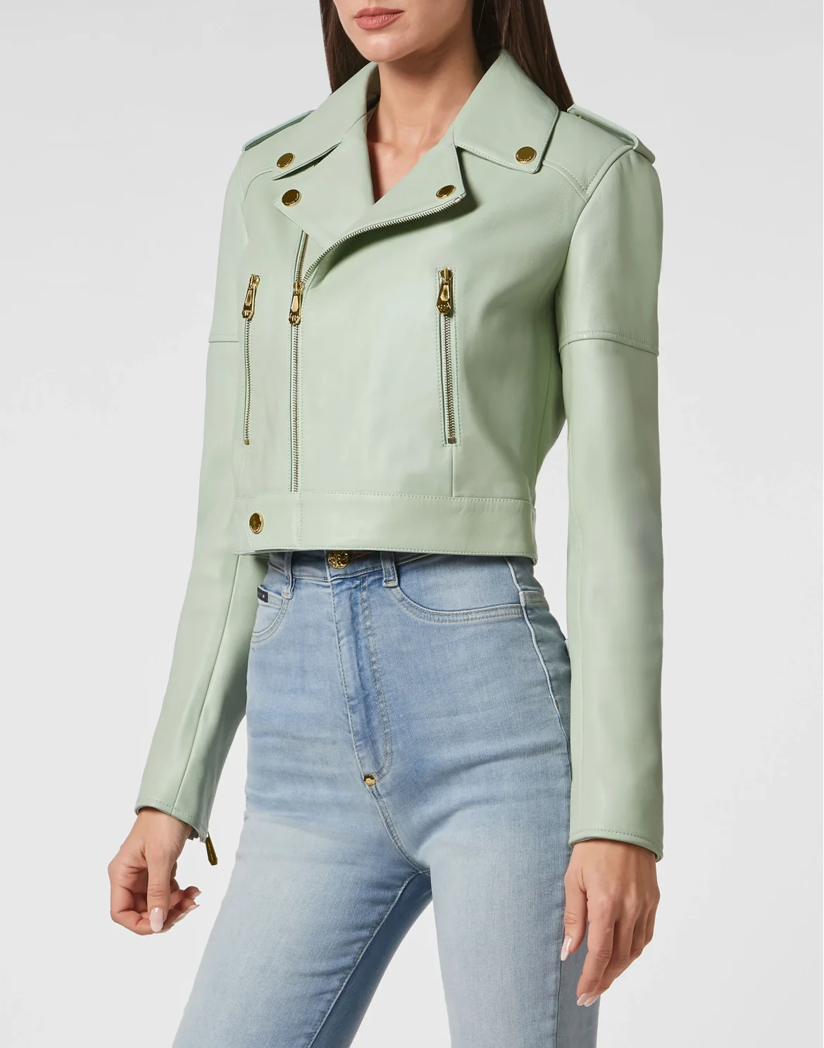 Crop Leather Biker Jacket, цвет: Зеленый