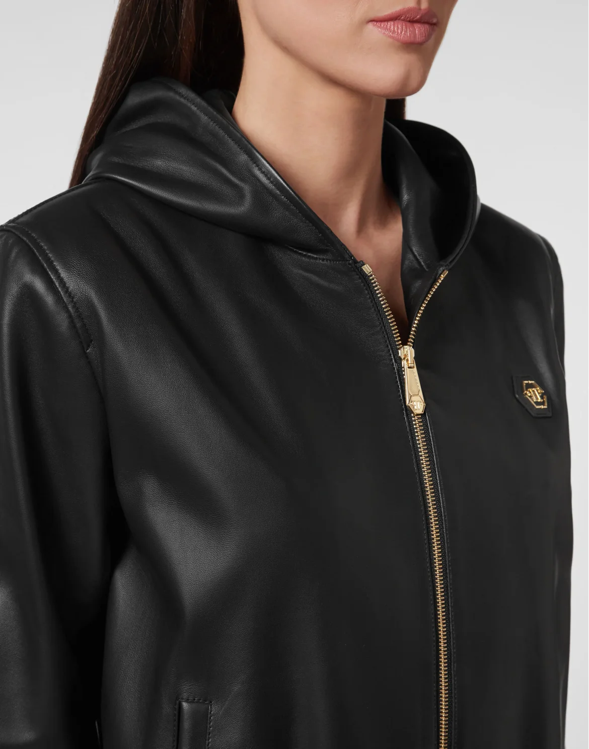 Leather Full Zip Hoody Skull strass, цвет: Черный