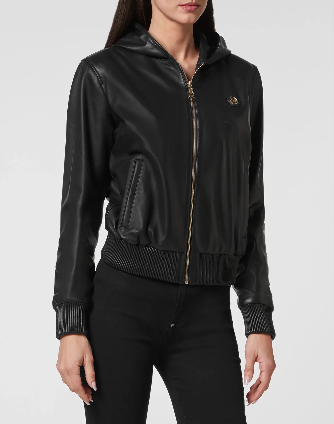Leather Full Zip Hoody Skull strass, цвет: Черный