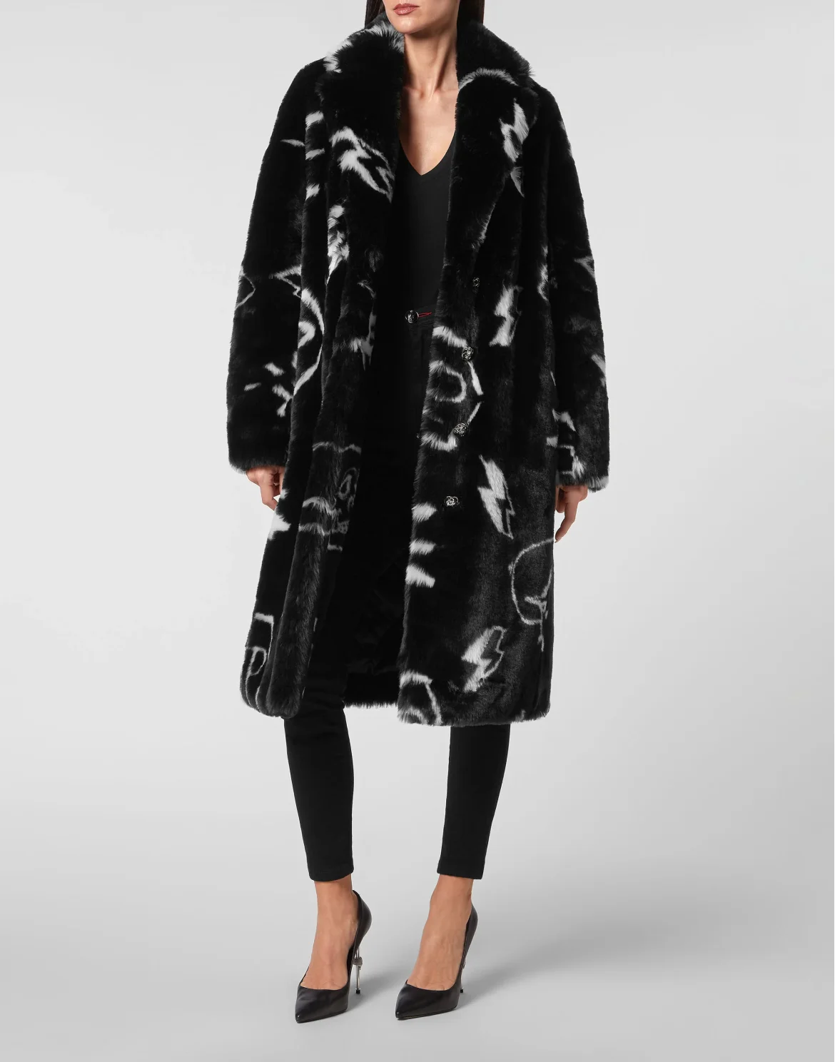 Eco fur Long Coat Monogram, цвет: Черный