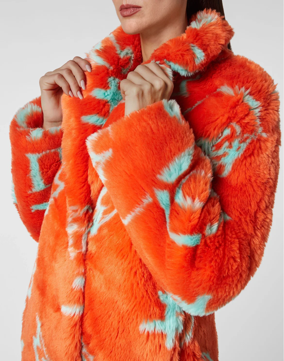 Eco fur Long Coat Monogram, цвет: Оранжевый