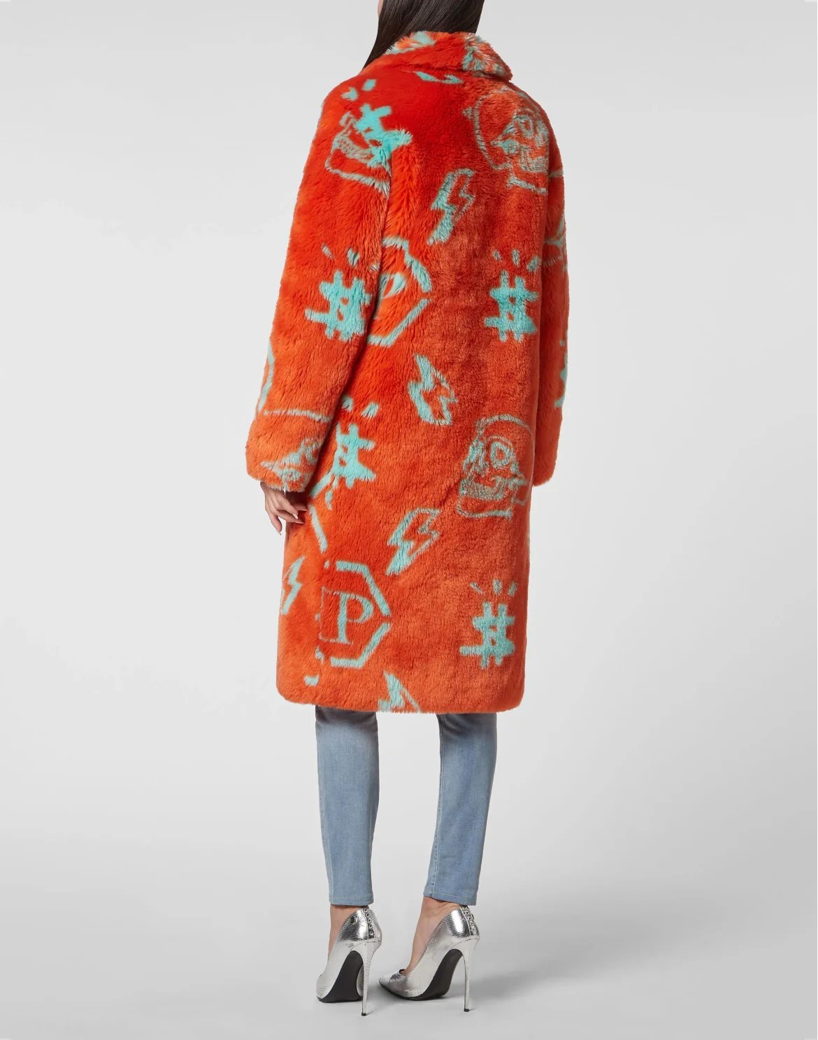 Eco fur Long Coat Monogram, цвет: Оранжевый