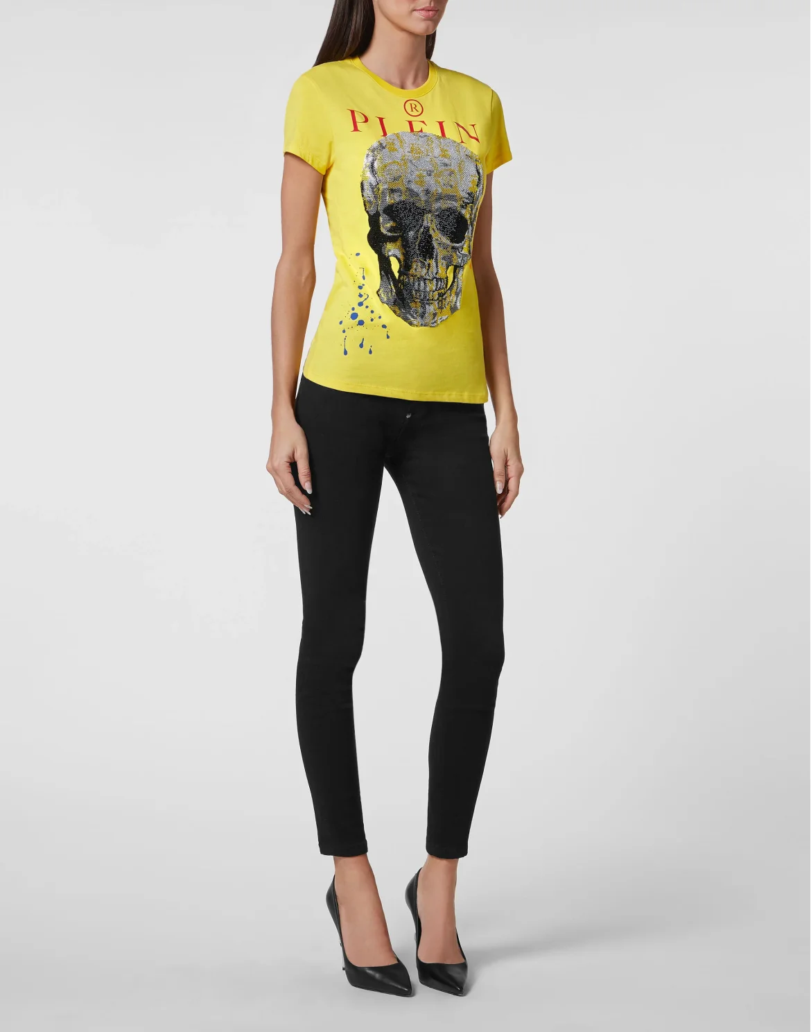 T-shirt Sexy Pure fit Skull and Plein with Crystals, цвет: Желтый