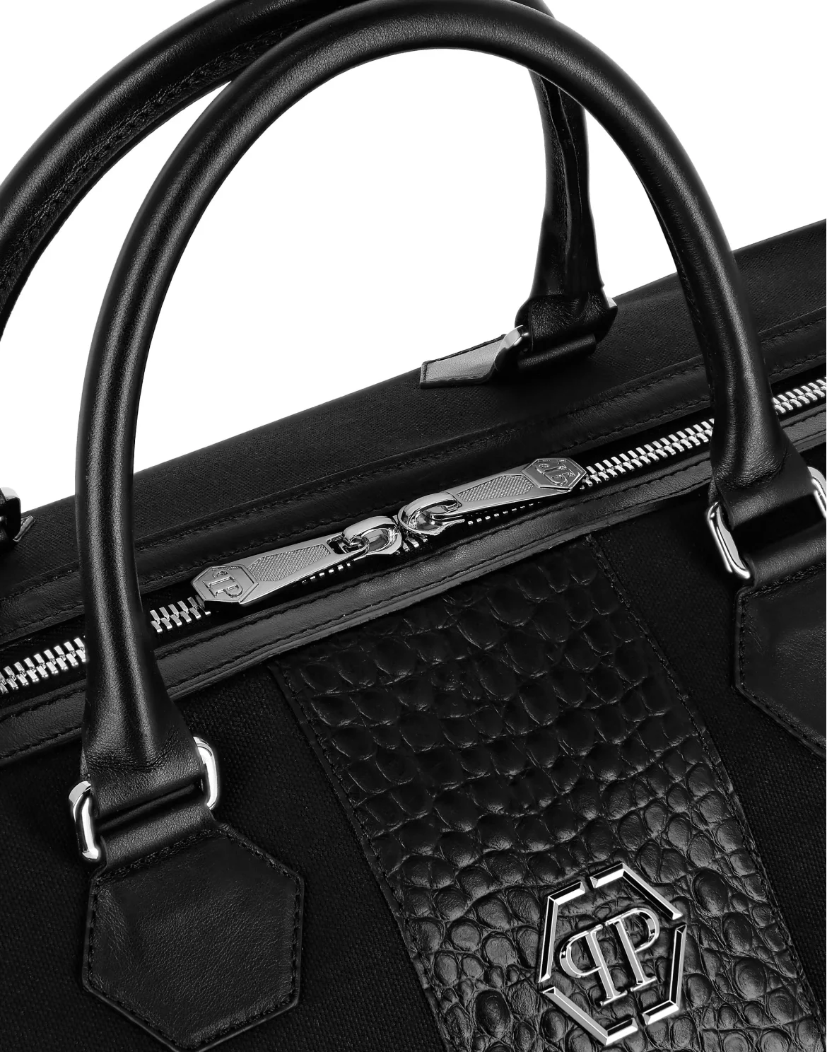 Croco Effect Canvas Handle Bag, цвет: Черный
