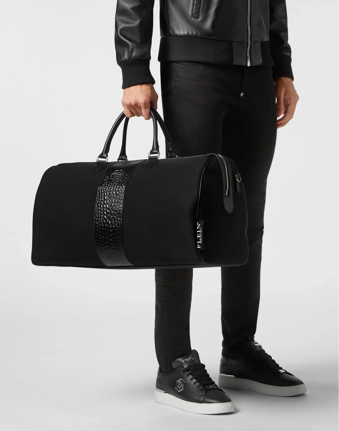 Croco Effect Canvas Handle Bag, цвет: Черный
