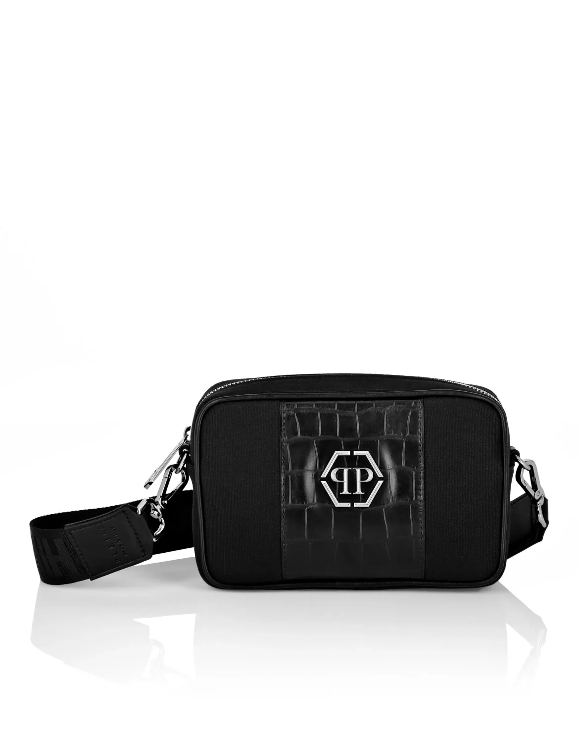 Croco Effect Canvas Cross Body, цвет: Черный