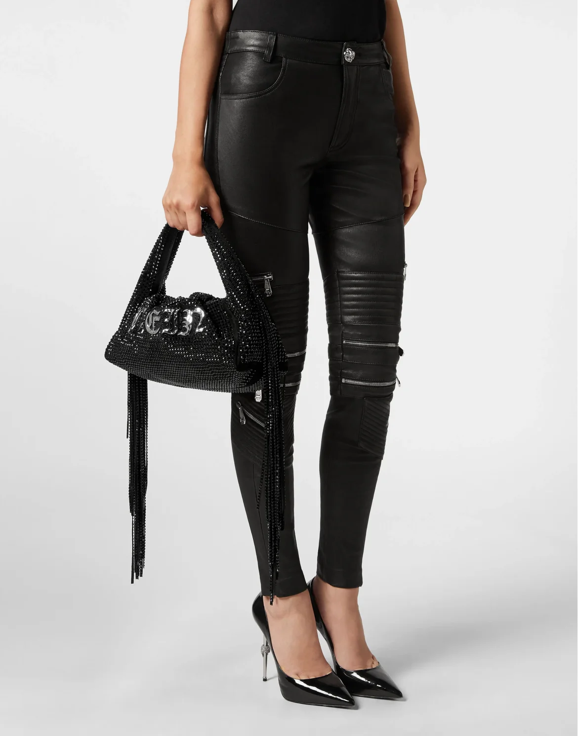 Suede Superheroin Fringe Small Handle bag Stones, цвет: Черный