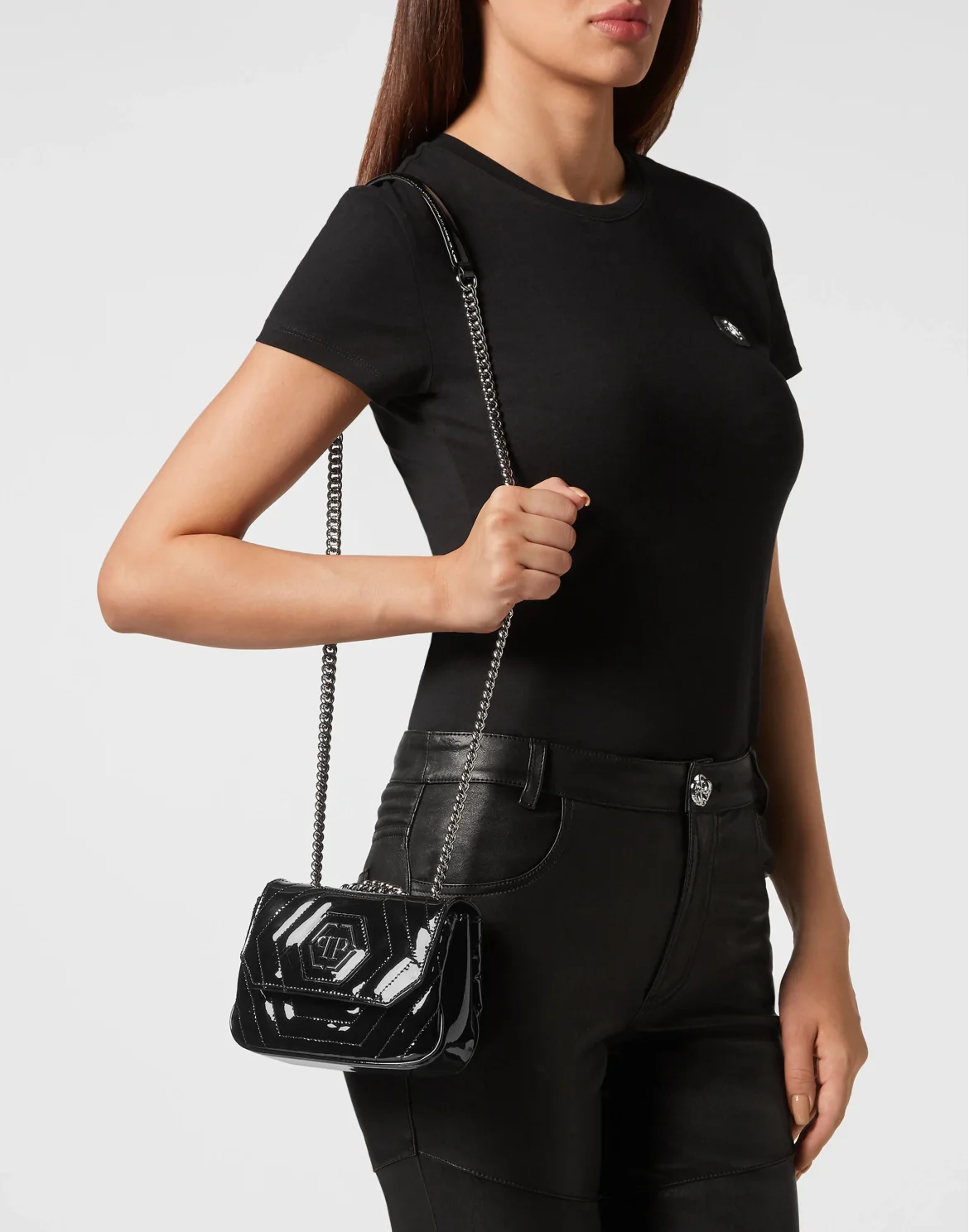 Patent Leather Small Shoulder Bag Hexagon, цвет: Черный