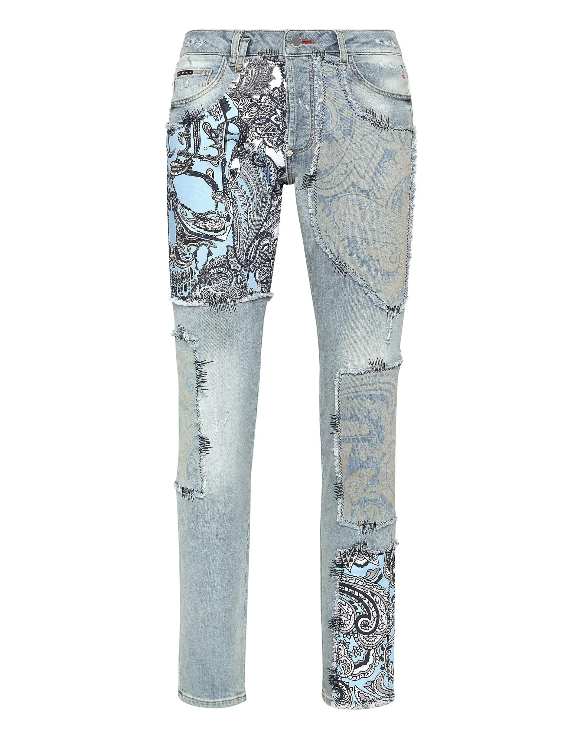 Denim Trousers Super Straight Cut Fit Paisley Patchwork, цвет: Голубой