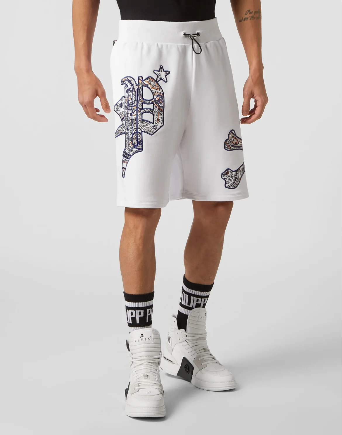 Satin Jogging Shorts Paisley Gothic Plein, цвет: Белый