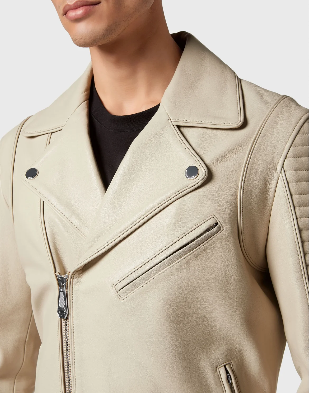 Padded Leather Biker Jacket Gothic Plein, цвет: Бежевый