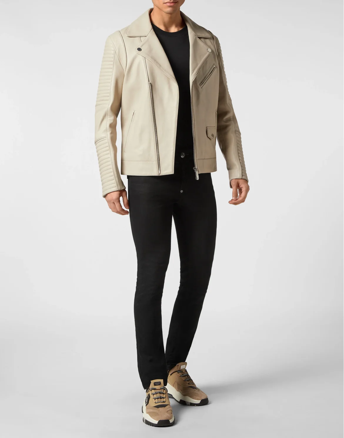 Padded Leather Biker Jacket Gothic Plein, цвет: Бежевый