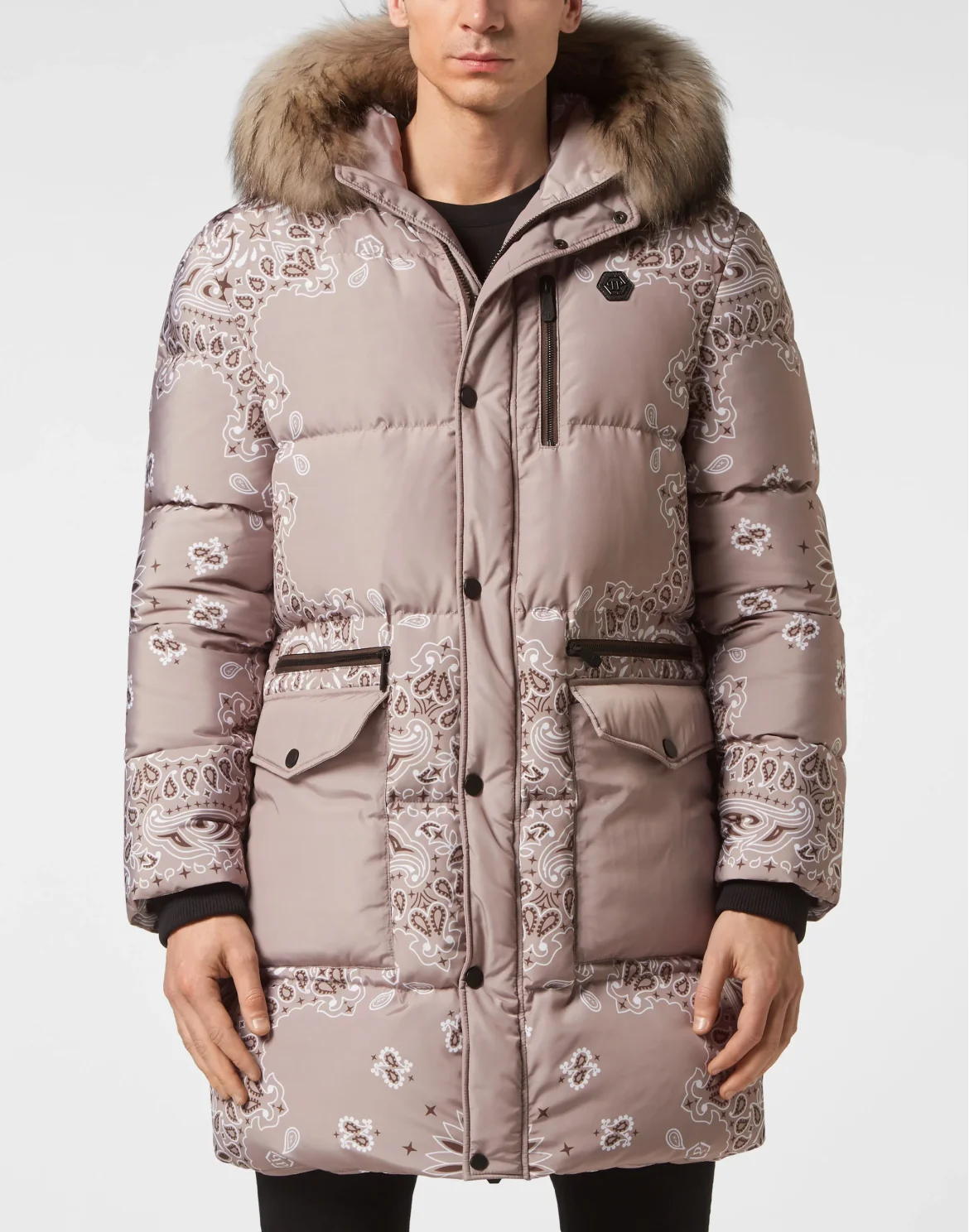 Nylon and Fur Parka Paisley Bandana, цвет: Бежевый