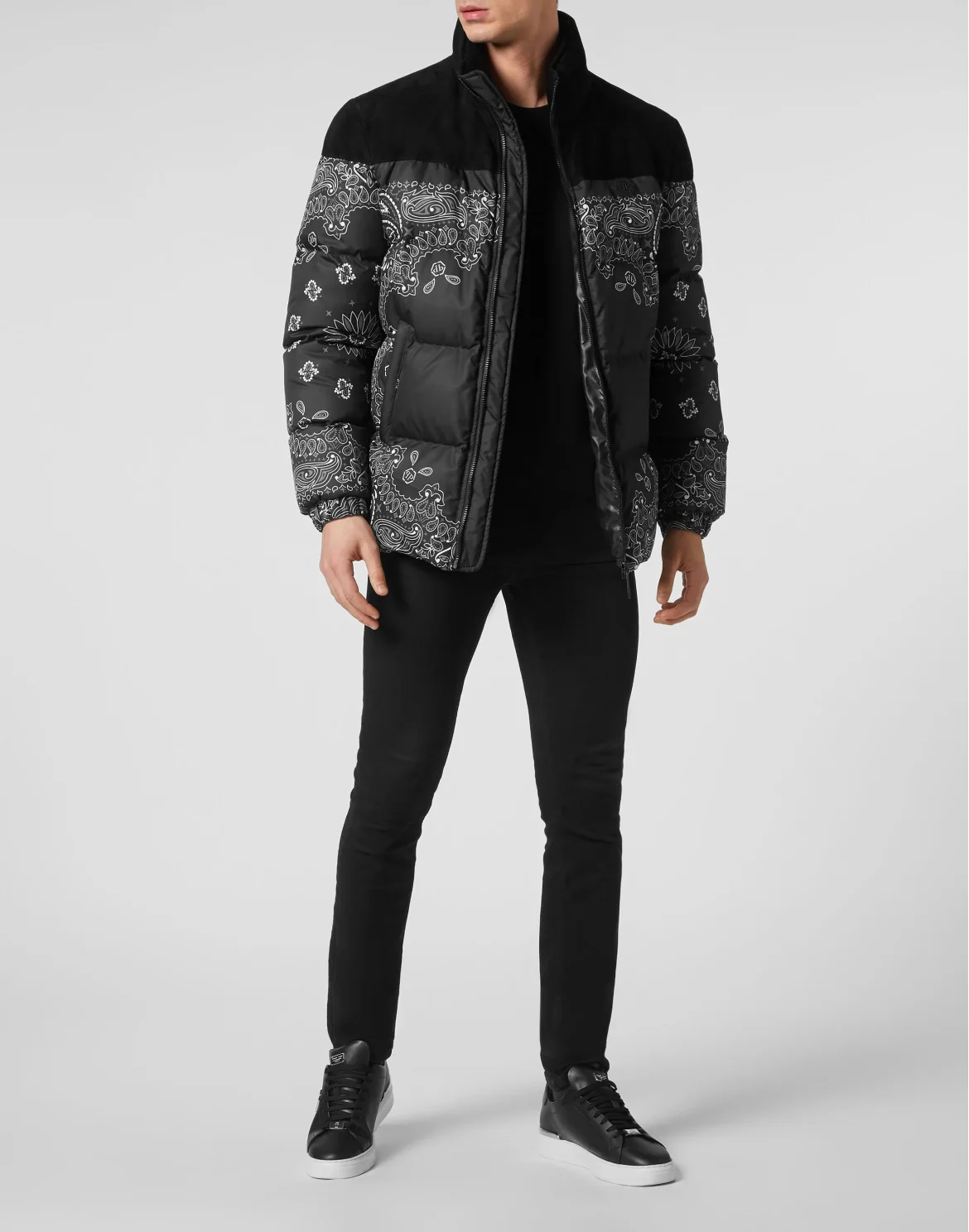 Nylon and Suede Down Jacket Paisley Bandana, цвет: Черный