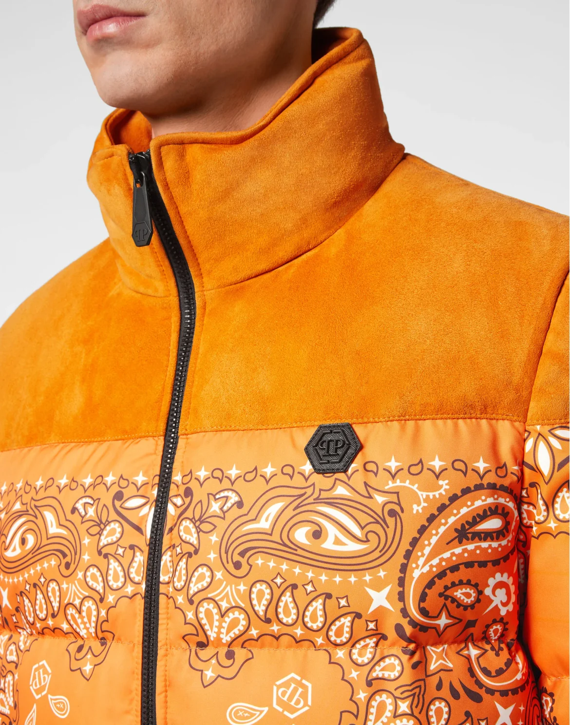 Nylon and Suede Down Jacket Paisley Bandana, цвет: Оранжевый