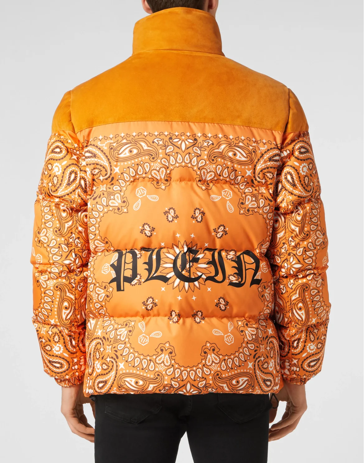 Nylon and Suede Down Jacket Paisley Bandana, цвет: Оранжевый