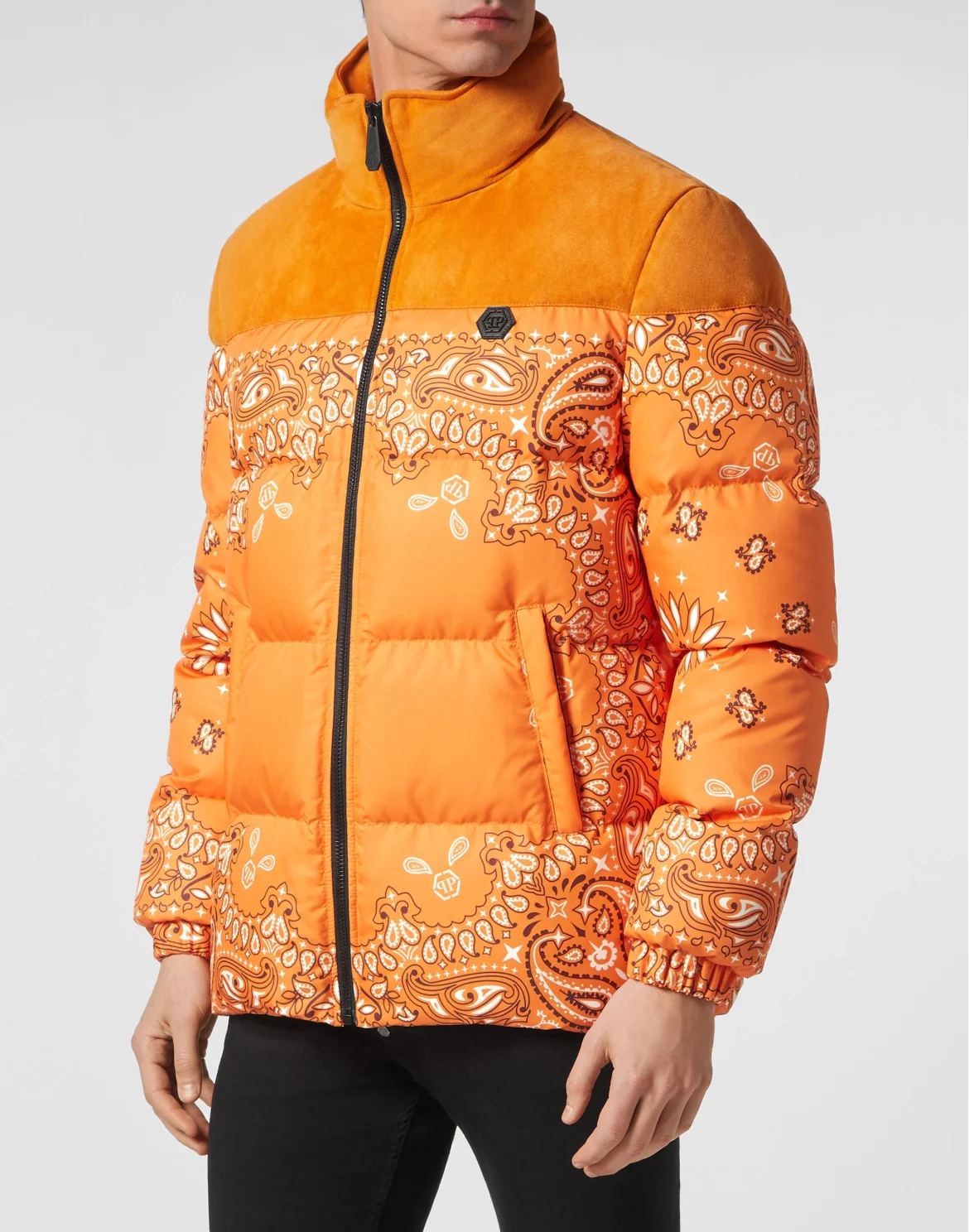 Nylon and Suede Down Jacket Paisley Bandana, цвет: Оранжевый