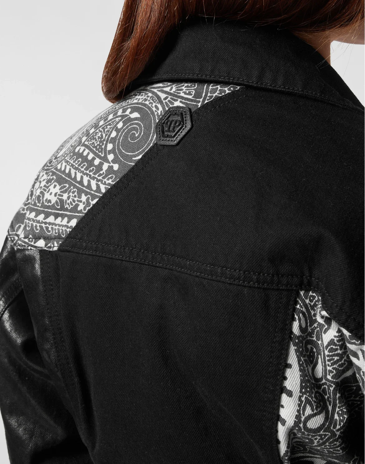 Denim Cropped Jacket Paisley Bandana Patchwork, цвет: Черный