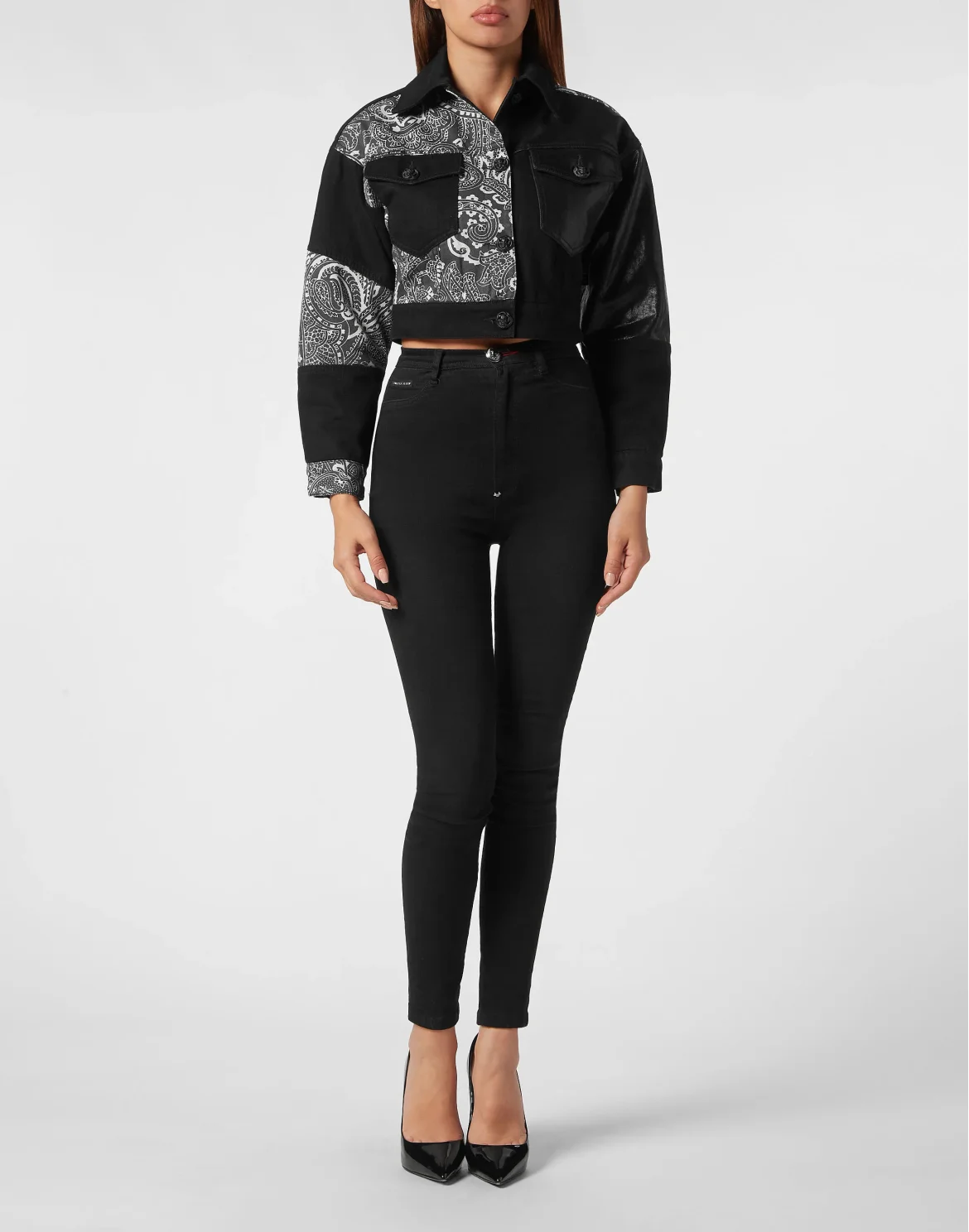 Denim Cropped Jacket Paisley Bandana Patchwork, цвет: Черный