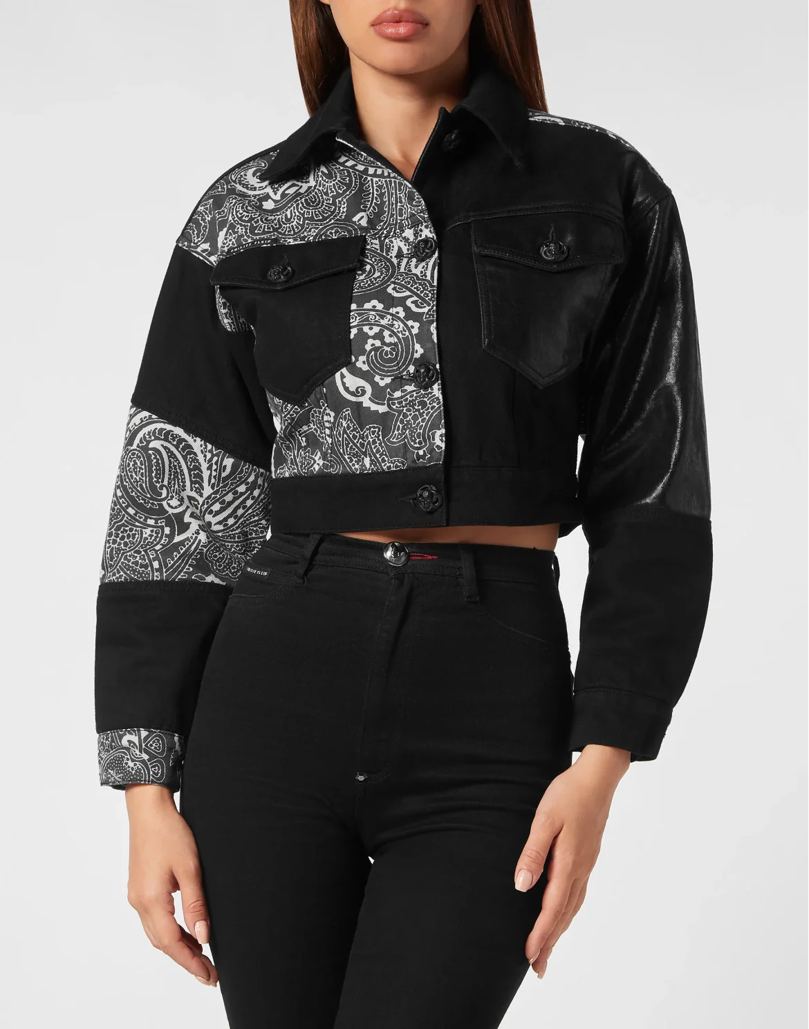 Denim Cropped Jacket Paisley Bandana Patchwork, цвет: Черный
