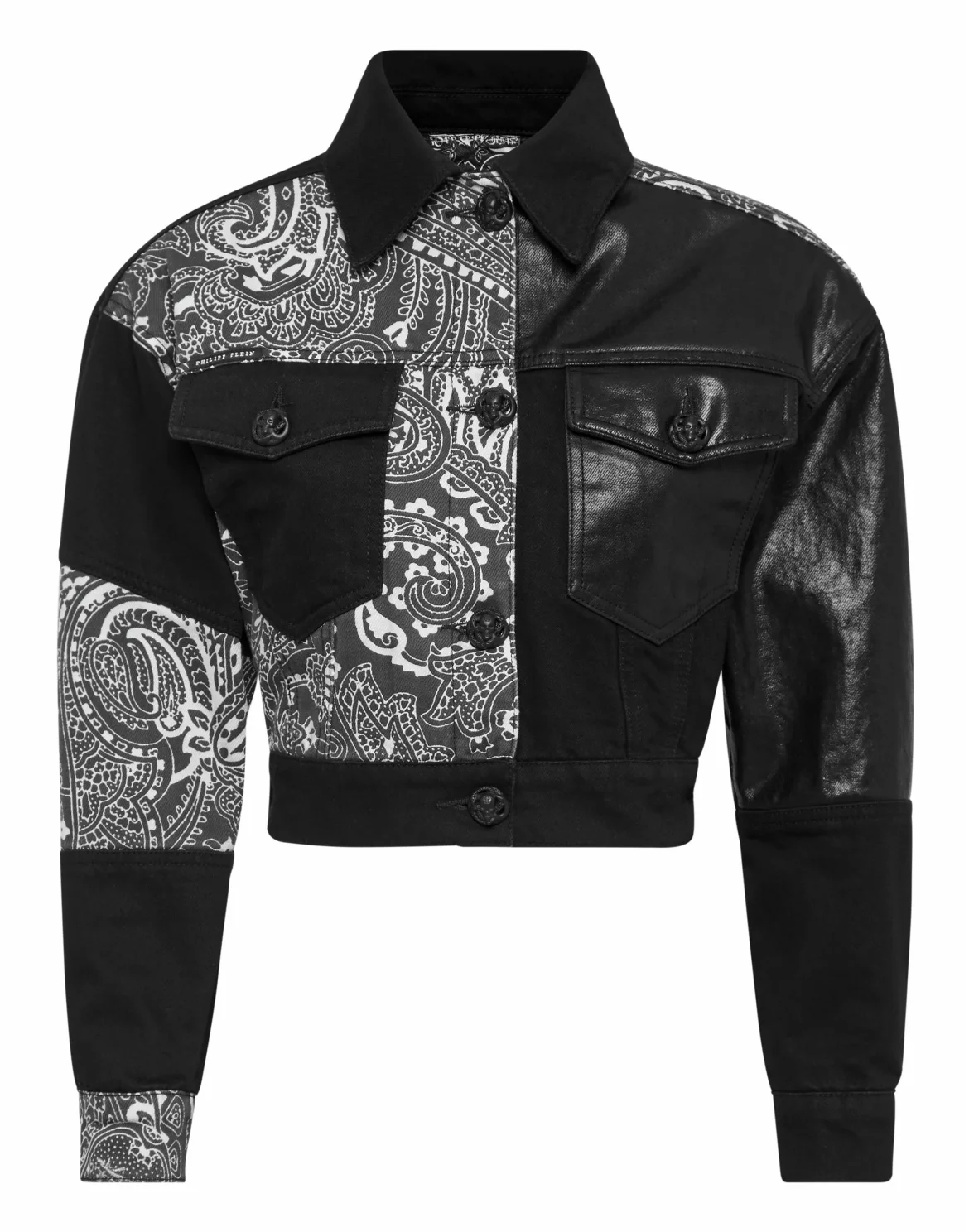 Denim Cropped Jacket Paisley Bandana Patchwork, цвет: Черный