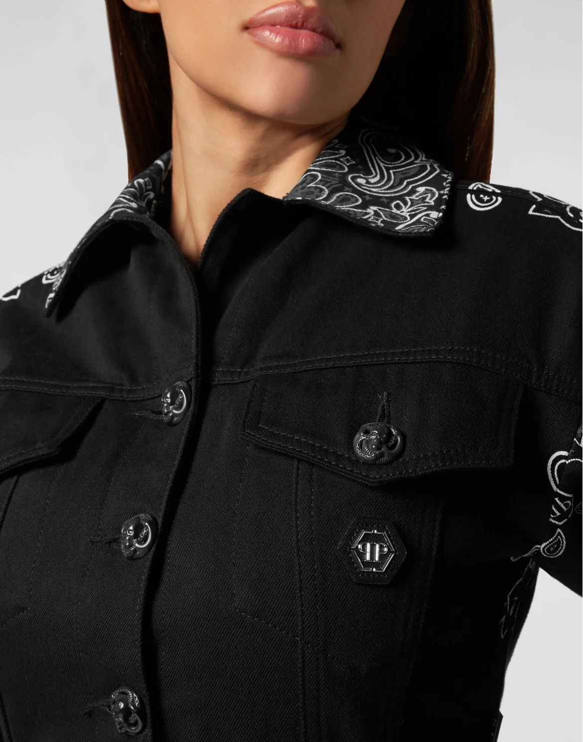 Denim Cropped Jacket Paisley Bandana, цвет: Черный
