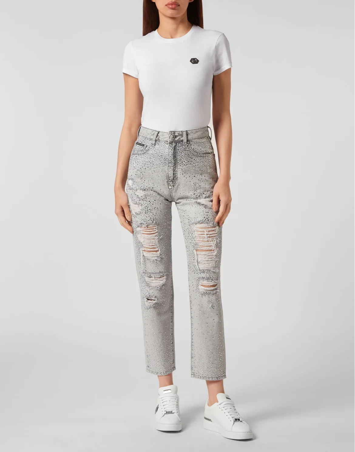 Denim Trousers Boyfriend Fit Crystal, цвет: Серый