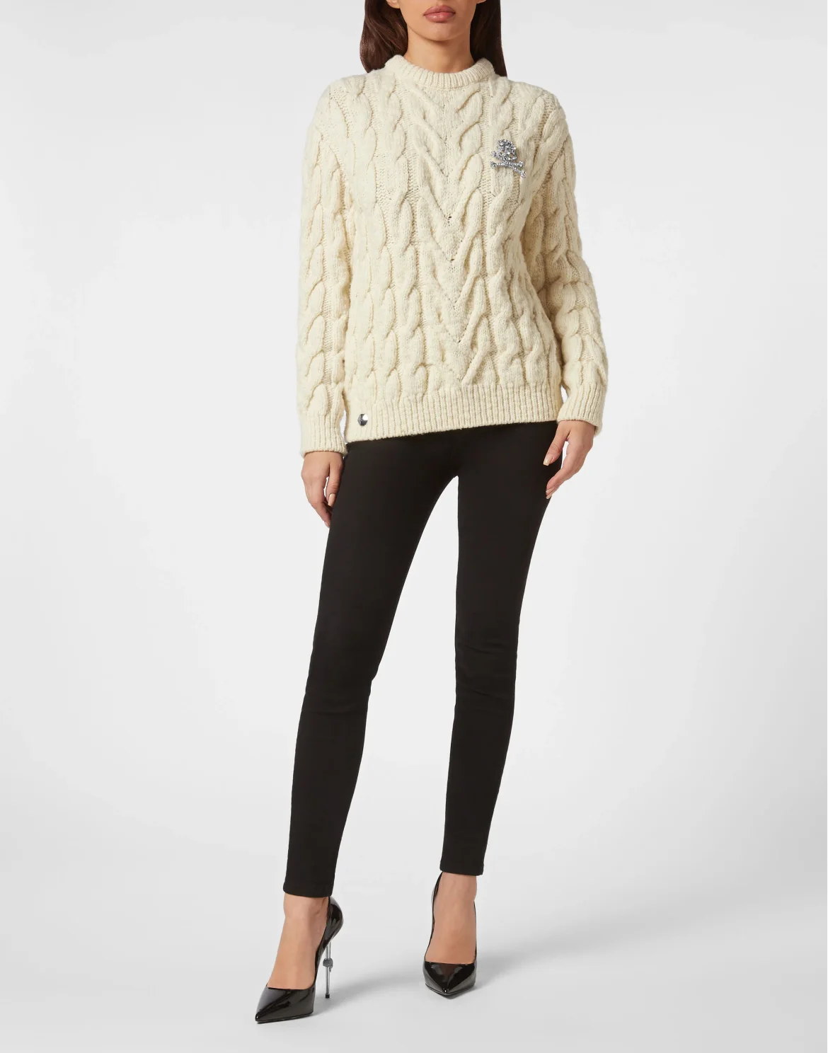 Wool Cable Knit Pullover Brooch, цвет: Белый