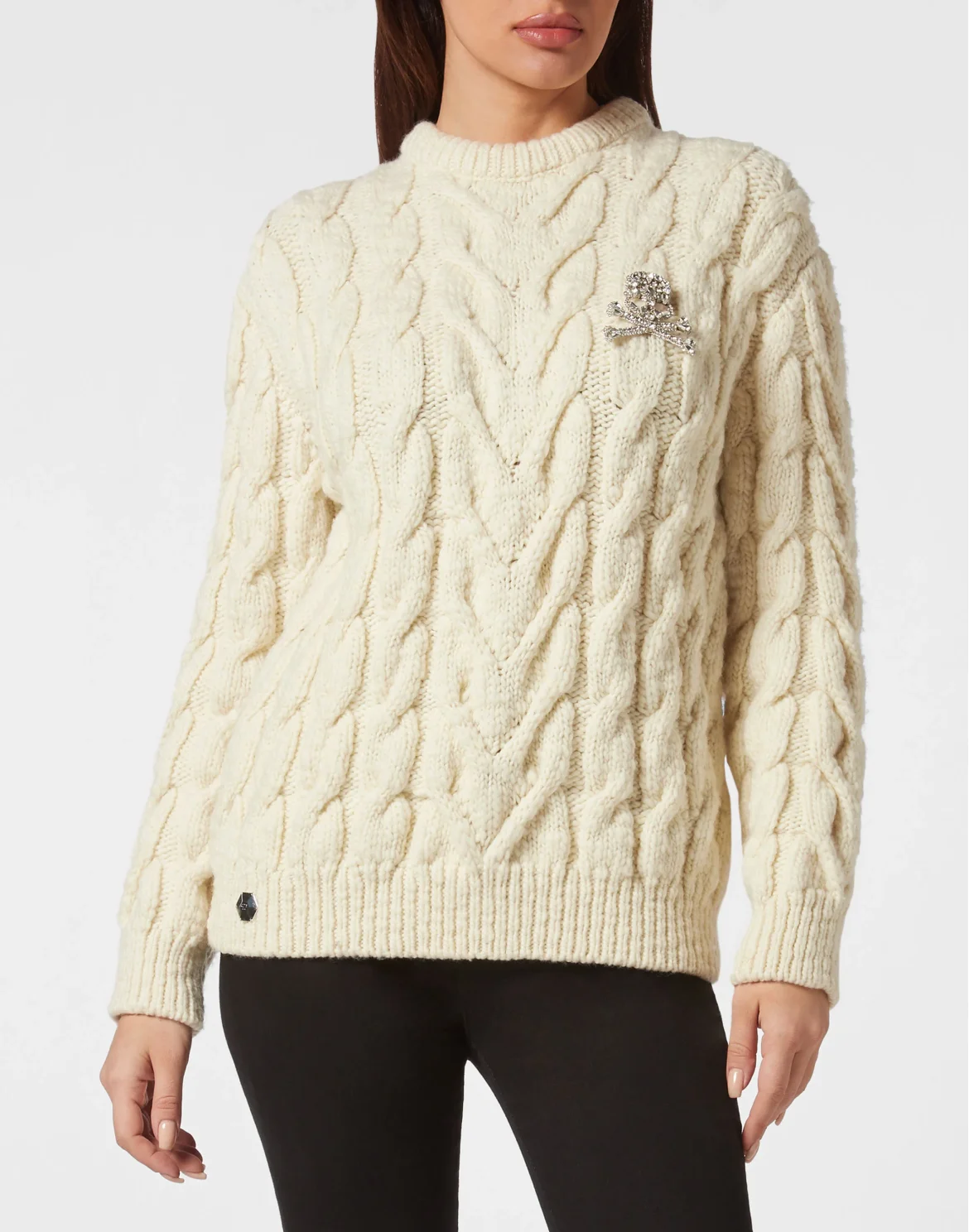 Wool Cable Knit Pullover Brooch, цвет: Белый