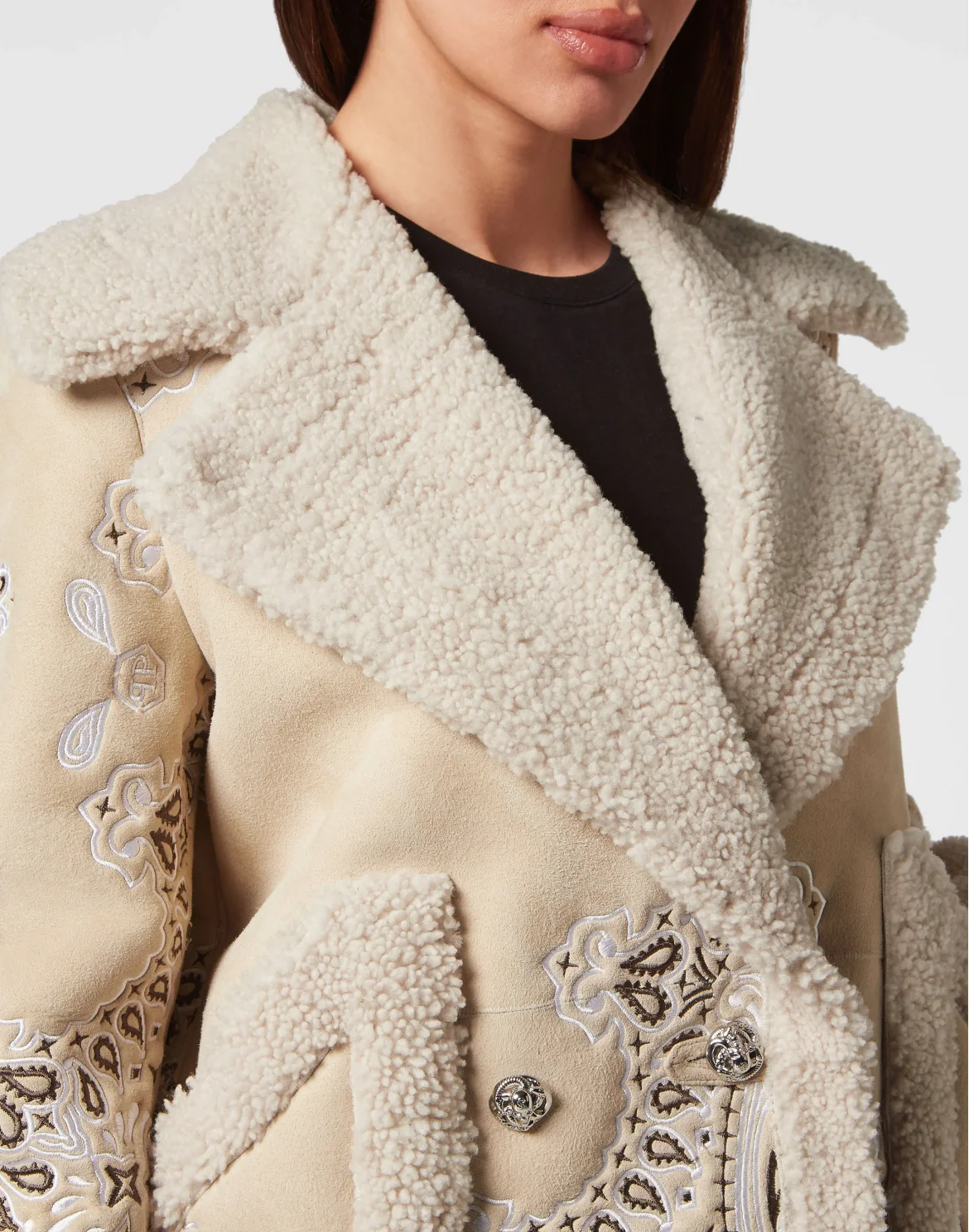 Shearling Oversize Long Coat Paisley Bandana, цвет: Бежевый