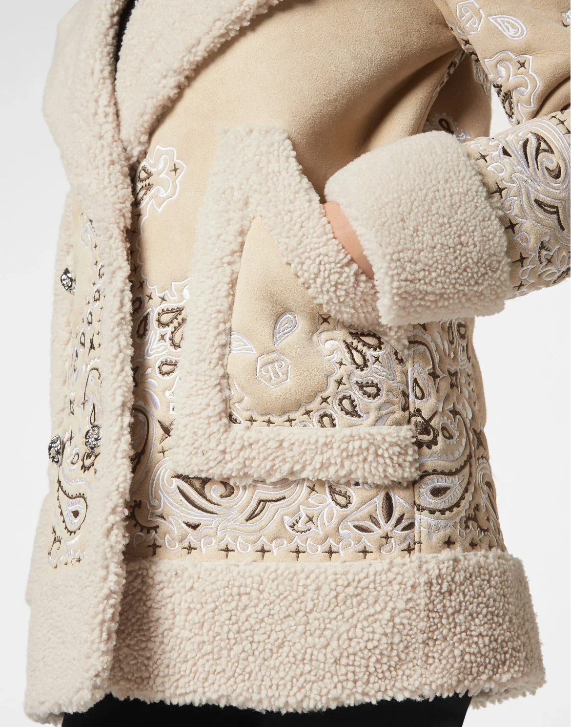 Shearling Oversize Long Coat Paisley Bandana, цвет: Бежевый