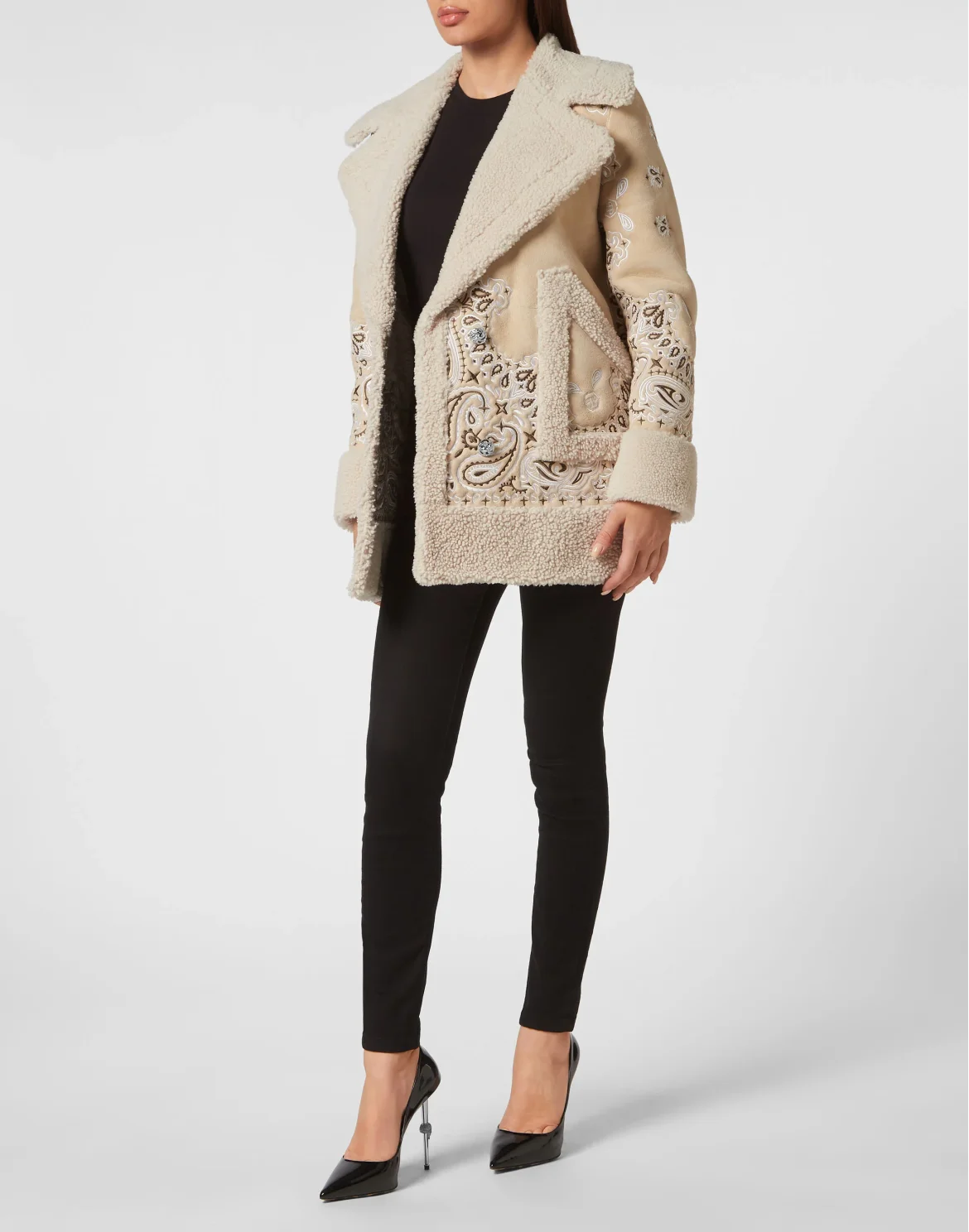 Shearling Oversize Long Coat Paisley Bandana, цвет: Бежевый