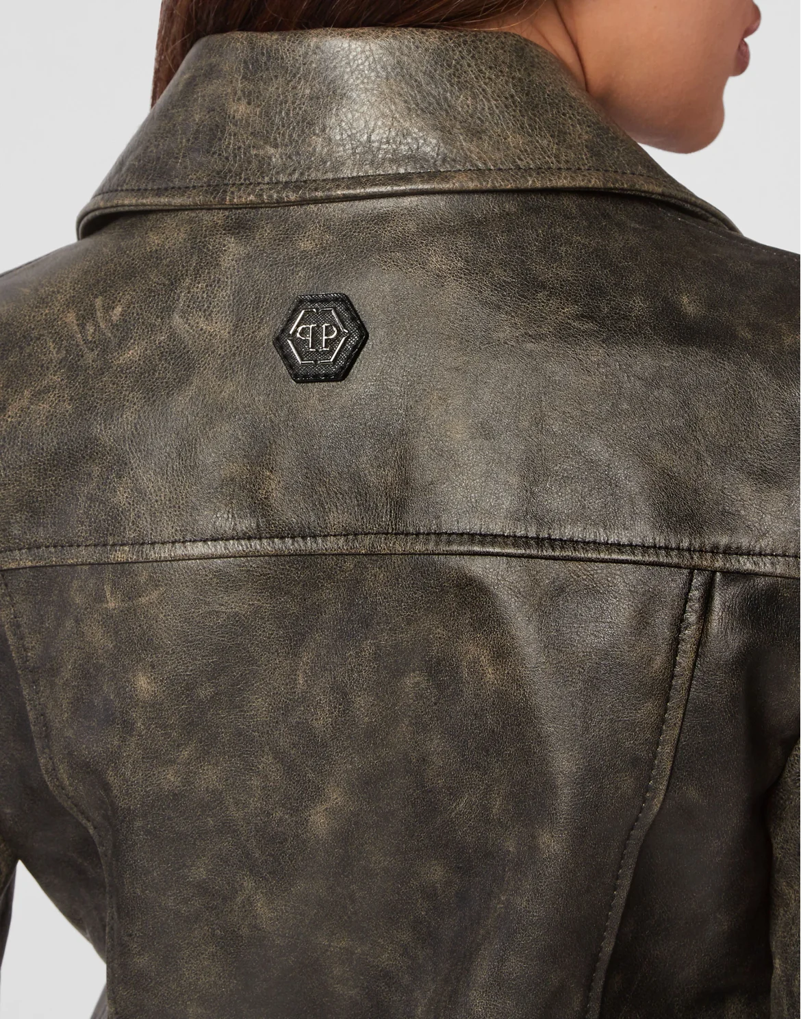 Shoulder Padded Leather Biker Jacket, цвет: Черный
