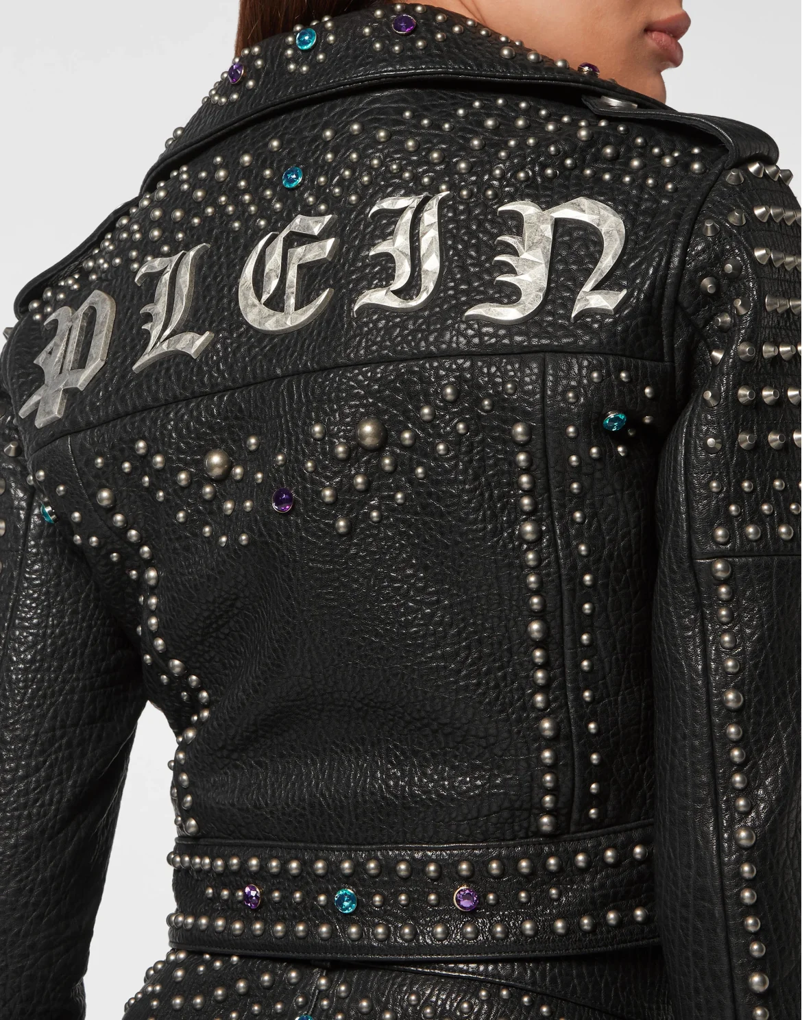 Vintage Leather Cropped Biker Jacket Studs, цвет: Черный