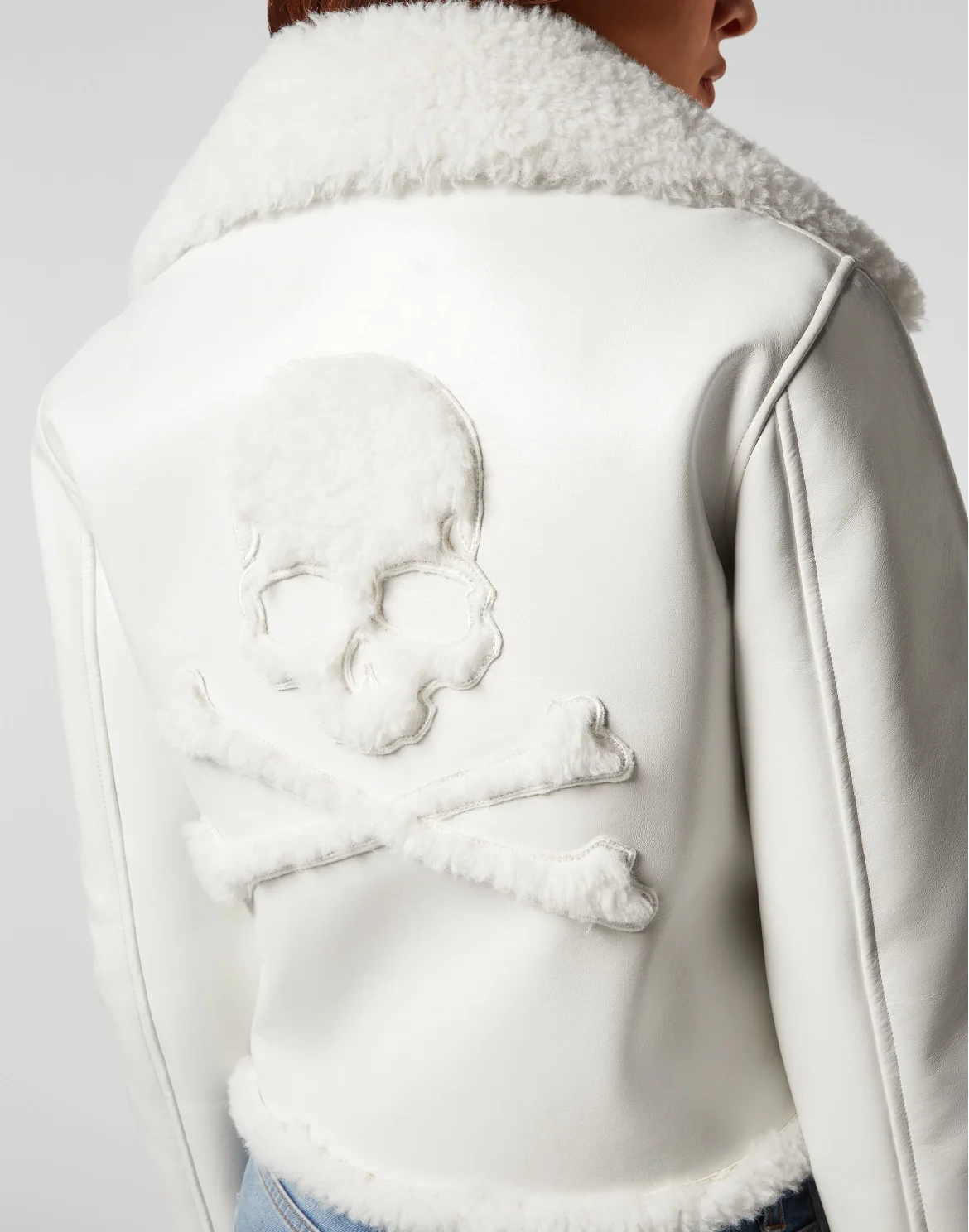 Eco Shearling Short Biker Jacket Skull&Bones, цвет: Белый