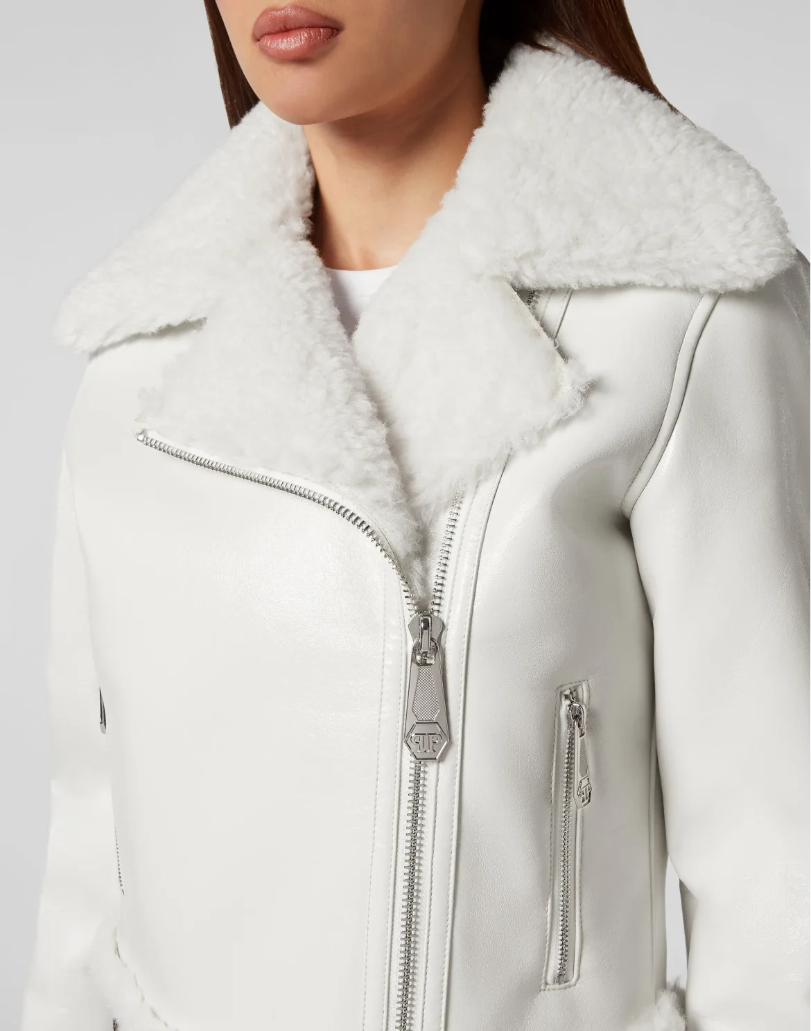 Eco Shearling Short Biker Jacket Skull&Bones, цвет: Белый