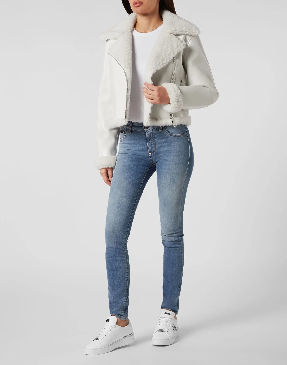 Eco Shearling Short Biker Jacket Skull&Bones, цвет: Белый